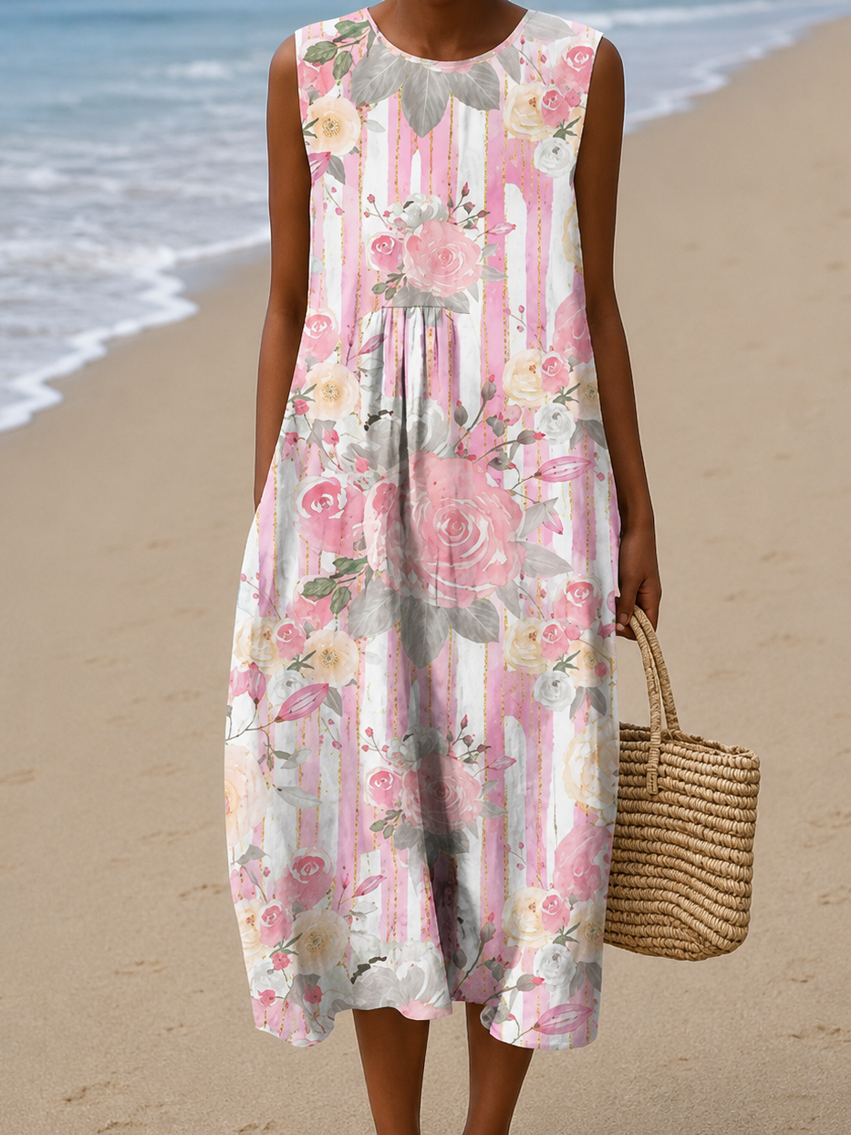 Aria - Women's Sleeveless Midi Beach Dress with Print
