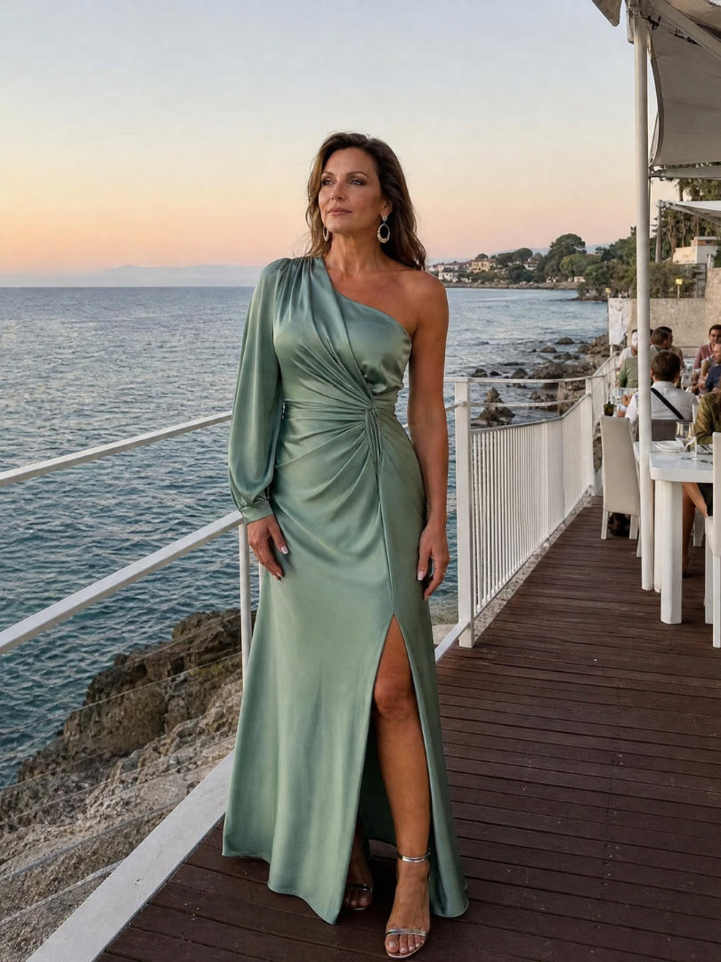 Elara | One-Shoulder Draped Slit Maxi Dress