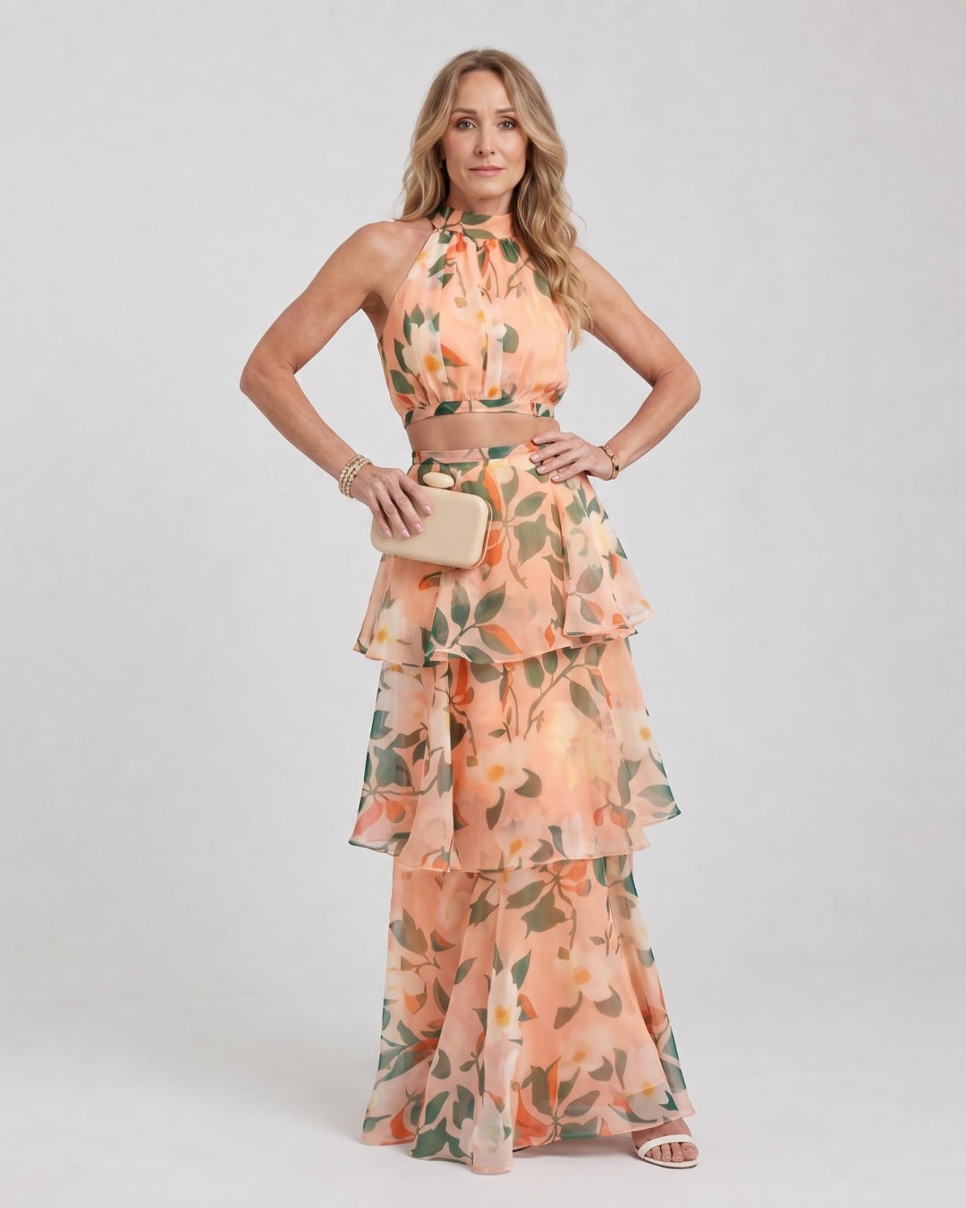 Liora | Natural Floral Halter Cutout Tiered Maxi Dress