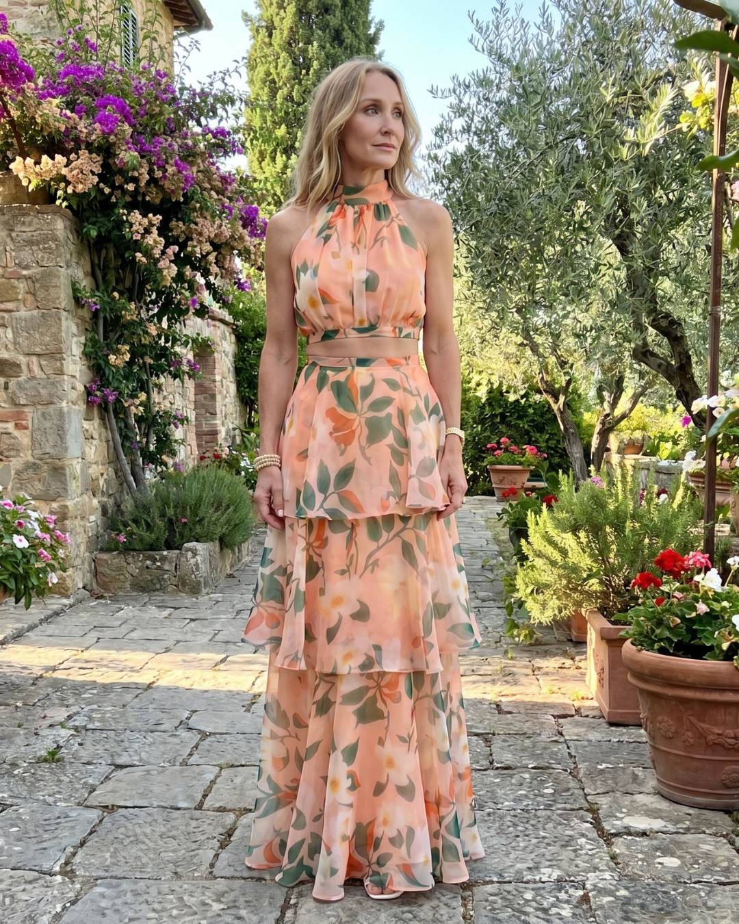 Liora | Natural Floral Halter Cutout Tiered Maxi Dress