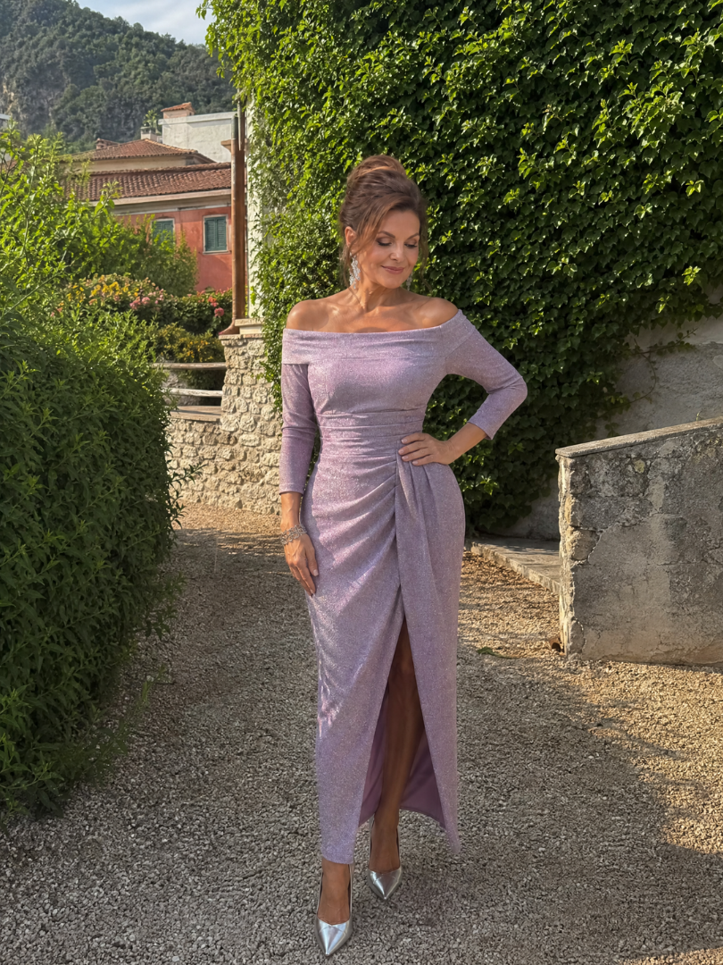 Maren | Off-Shoulder Ruched Slit Midi Dress