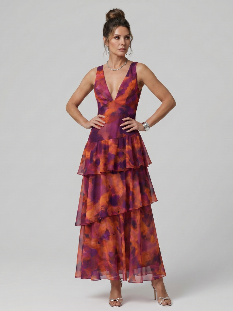 Robe midi Gala sans manches à col en V profond et motif pictural