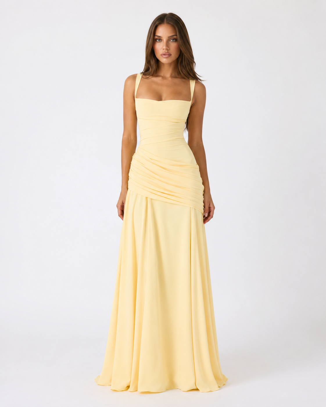 Enie | Ruched Square Neckline Maxi Dress