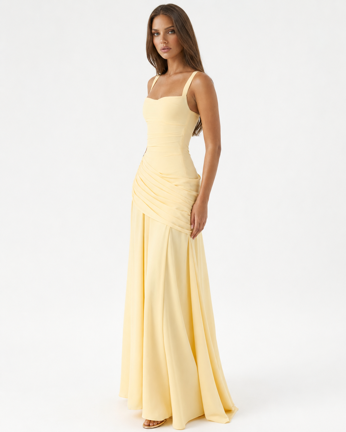 Enie | Ruched Square Neckline Maxi Dress