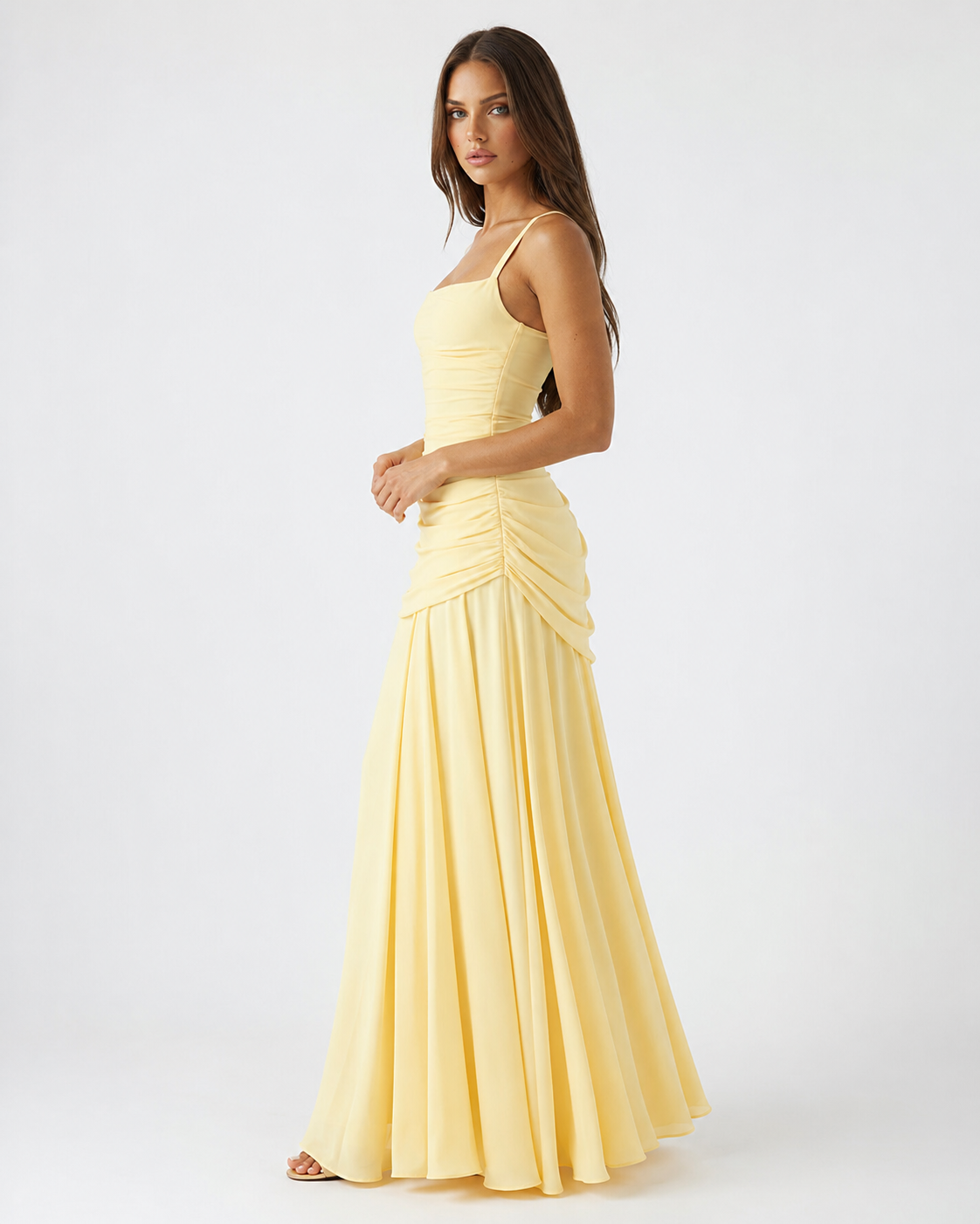 Enie | Ruched Square Neckline Maxi Dress