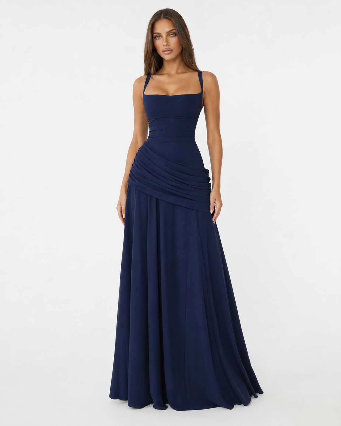 Enie | Ruched Square Neckline Maxi Dress