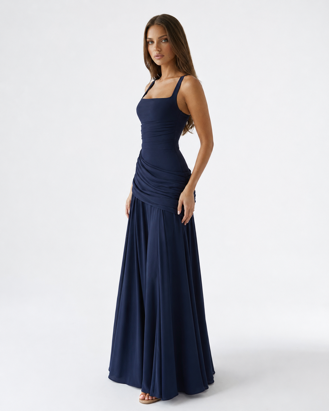Enie | Ruched Square Neckline Maxi Dress