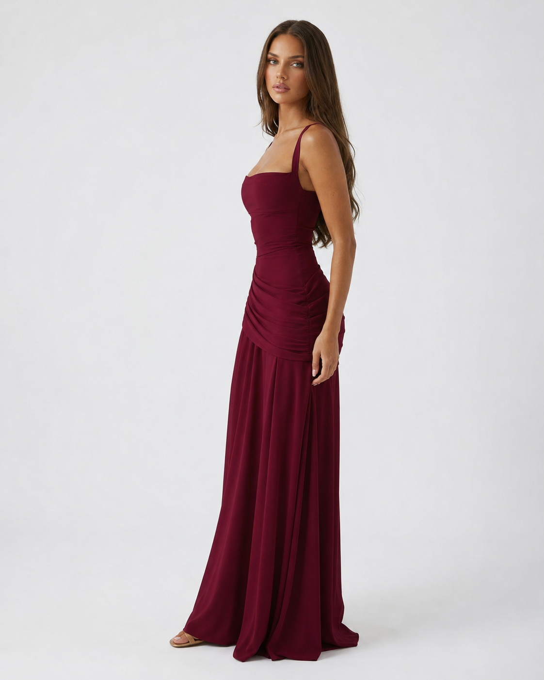 Enie | Ruched Square Neckline Maxi Dress