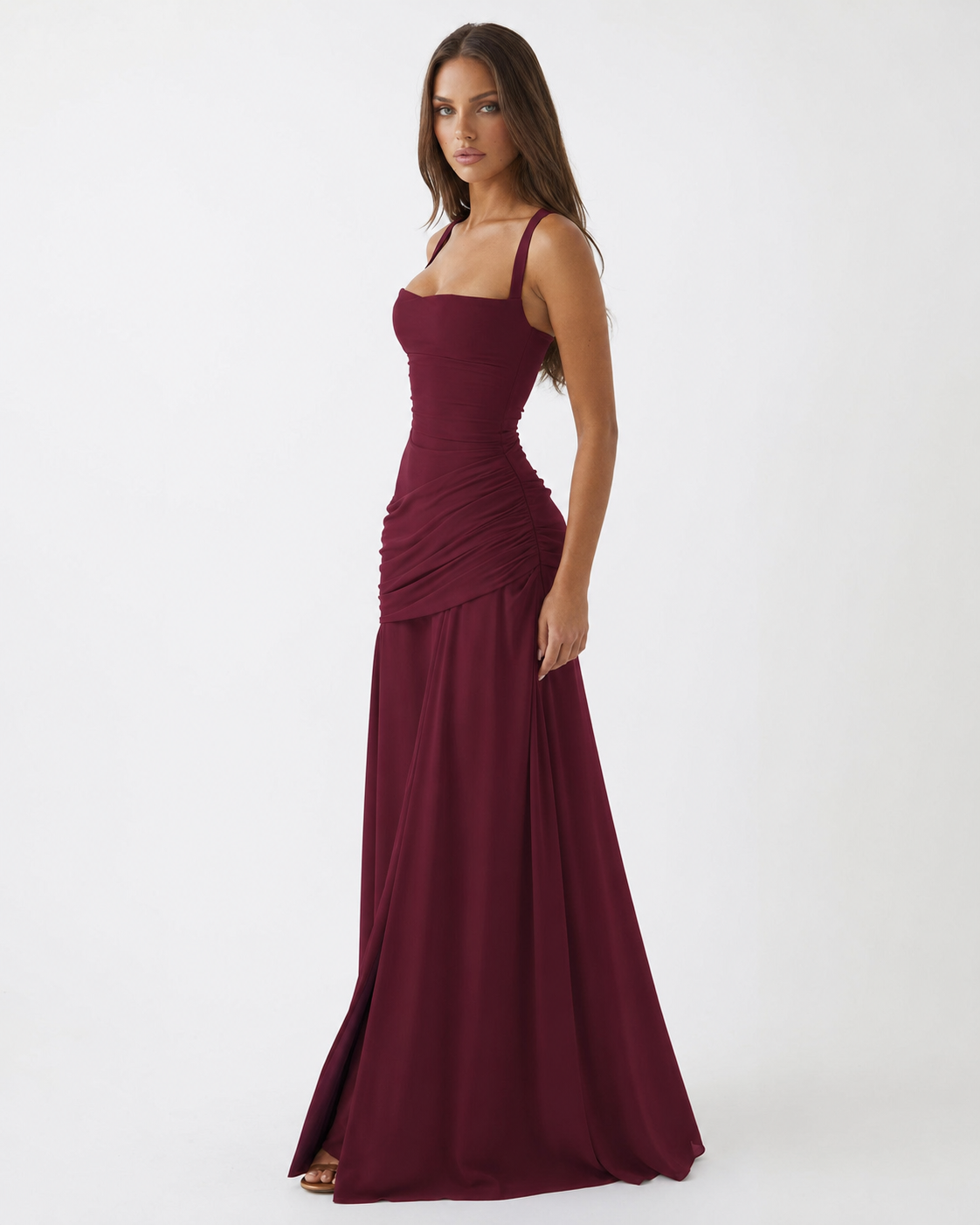 Enie | Ruched Square Neckline Maxi Dress