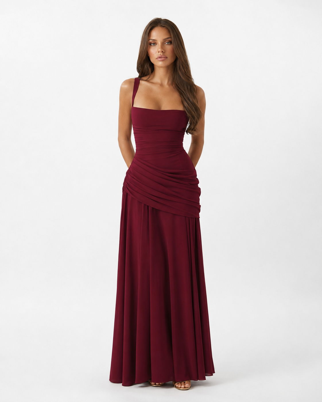Enie | Ruched Square Neckline Maxi Dress
