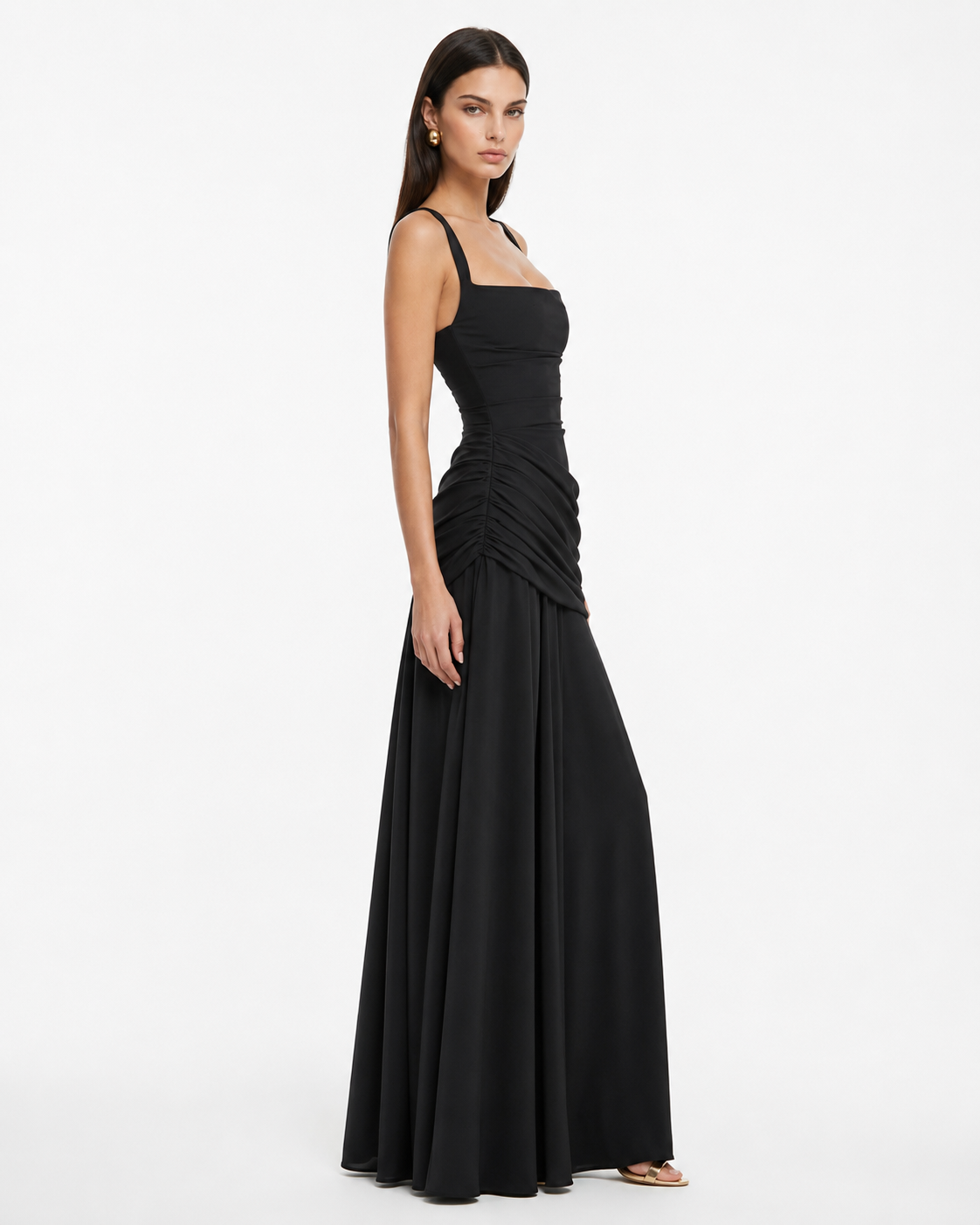 Enie | Ruched Square Neckline Maxi Dress