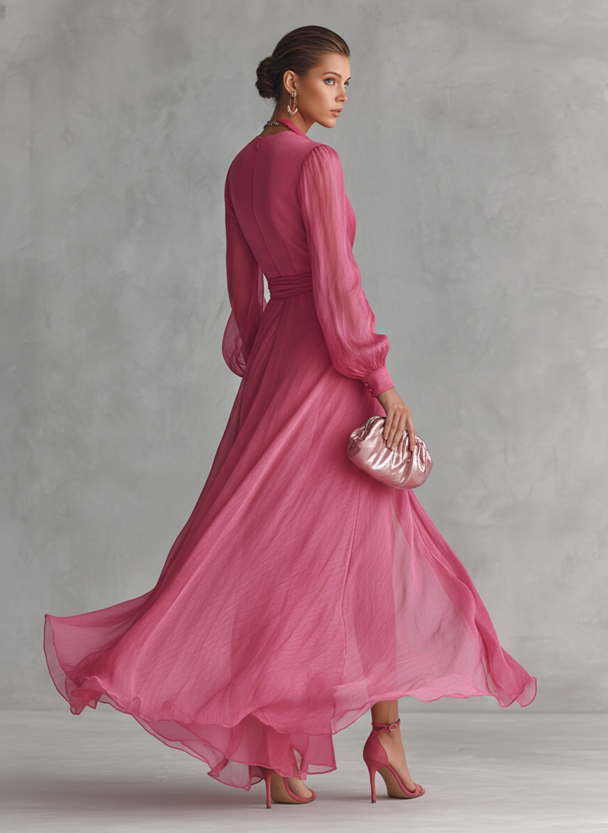 Noemi - Long Chiffon Dress with Beads and V-Neck