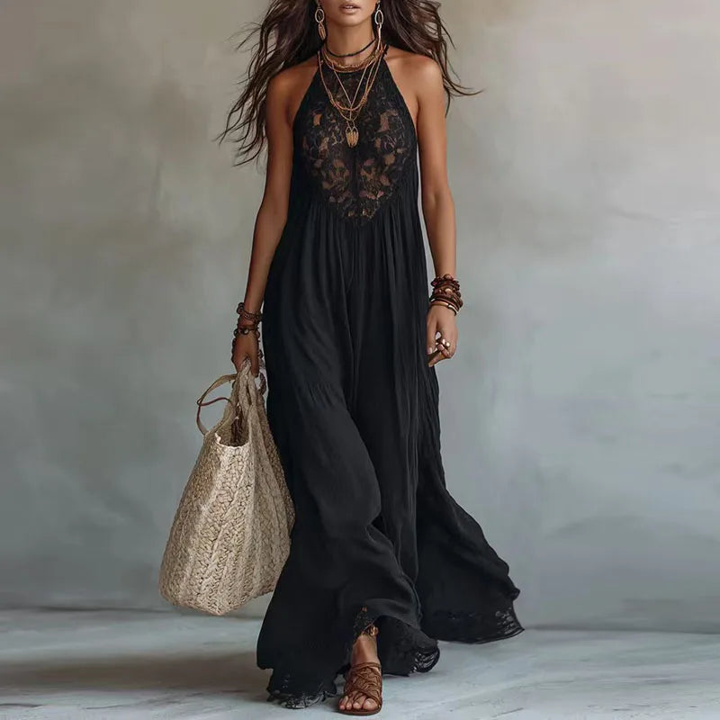 JADE | Lace Panel Halter Maxi Dress with Open Back