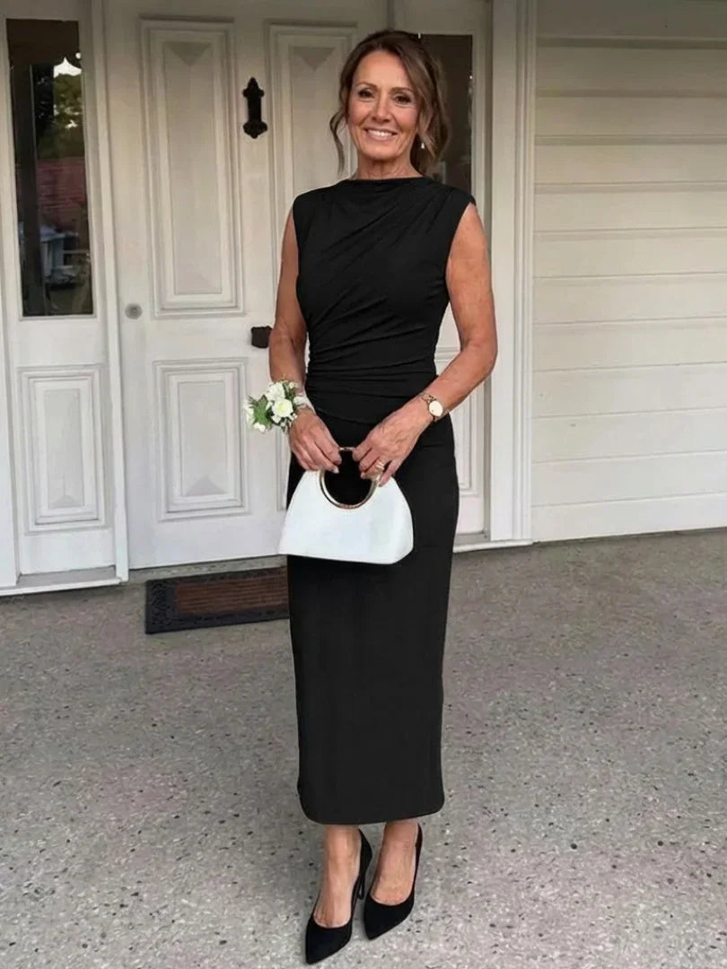 Noelle | Sleeveless Draped High Neck Midi Dress