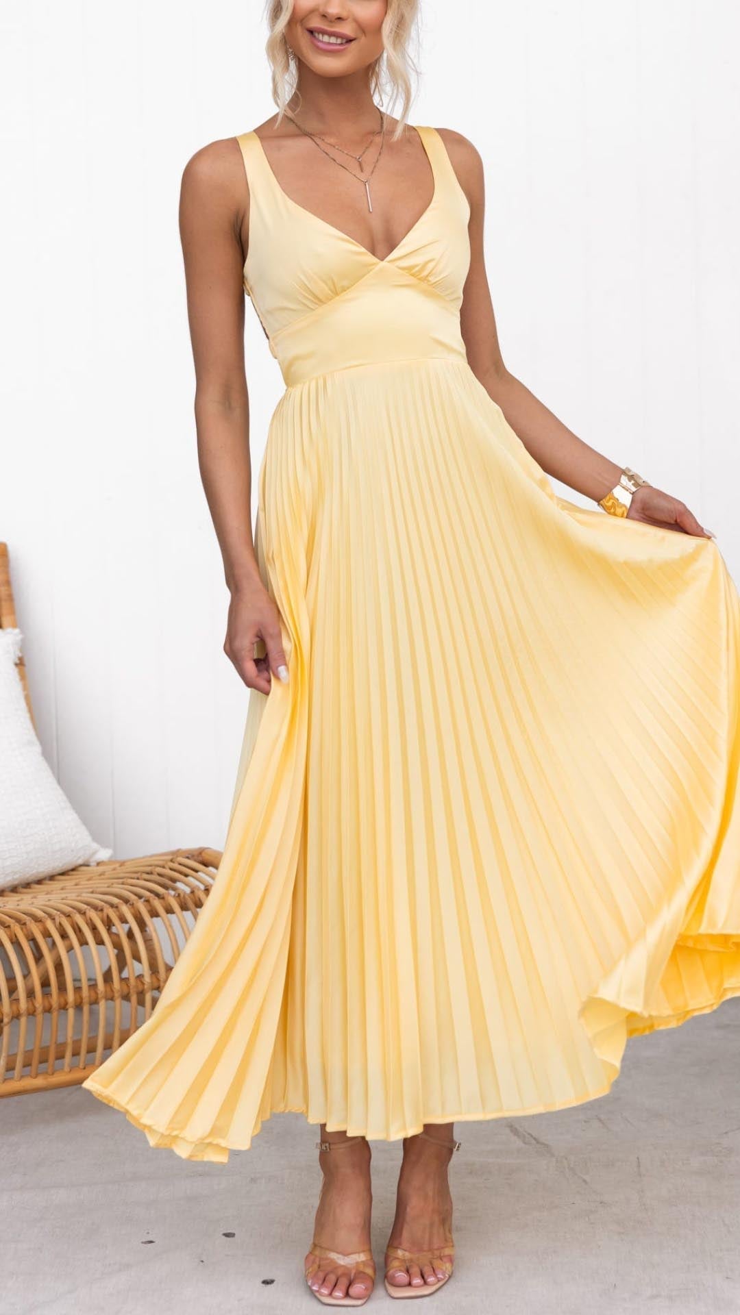 Malka Pleated V-Neck Maxi Dress