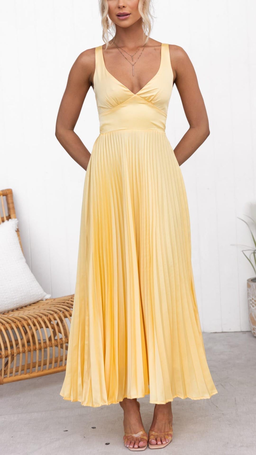 Malka Pleated V-Neck Maxi Dress