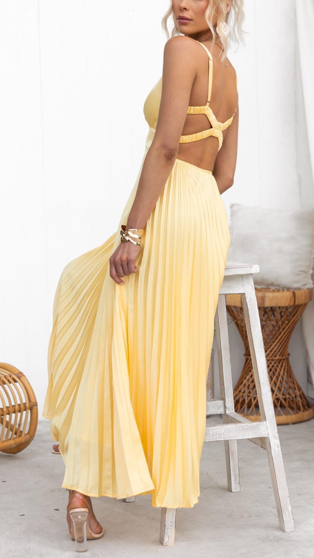 Malka Pleated V-Neck Maxi Dress