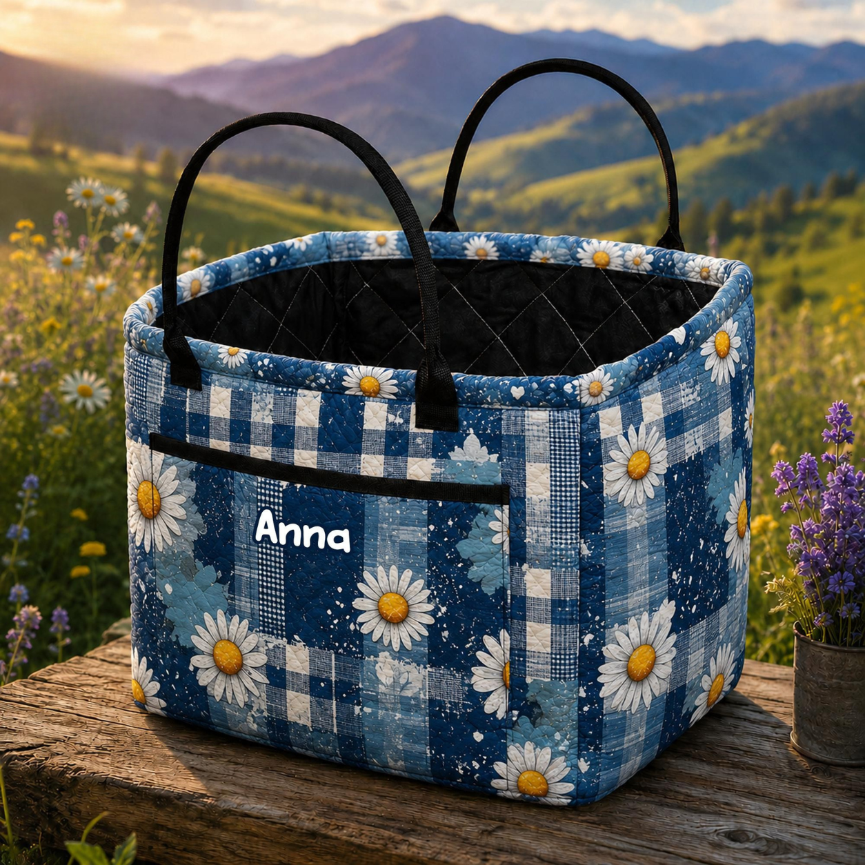Blue Daisy Personalized Quilted Storage Basket