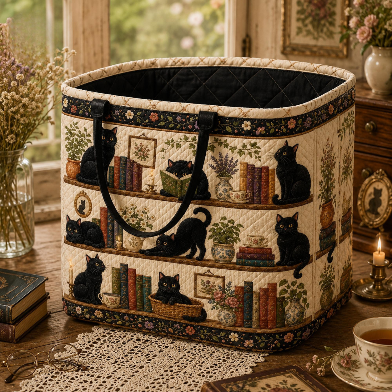 Black Cat and Bookshelf Quilted Storage Basket