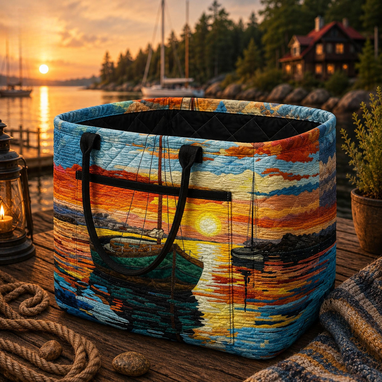 Sailboat Sunset Quilted Storage Basket