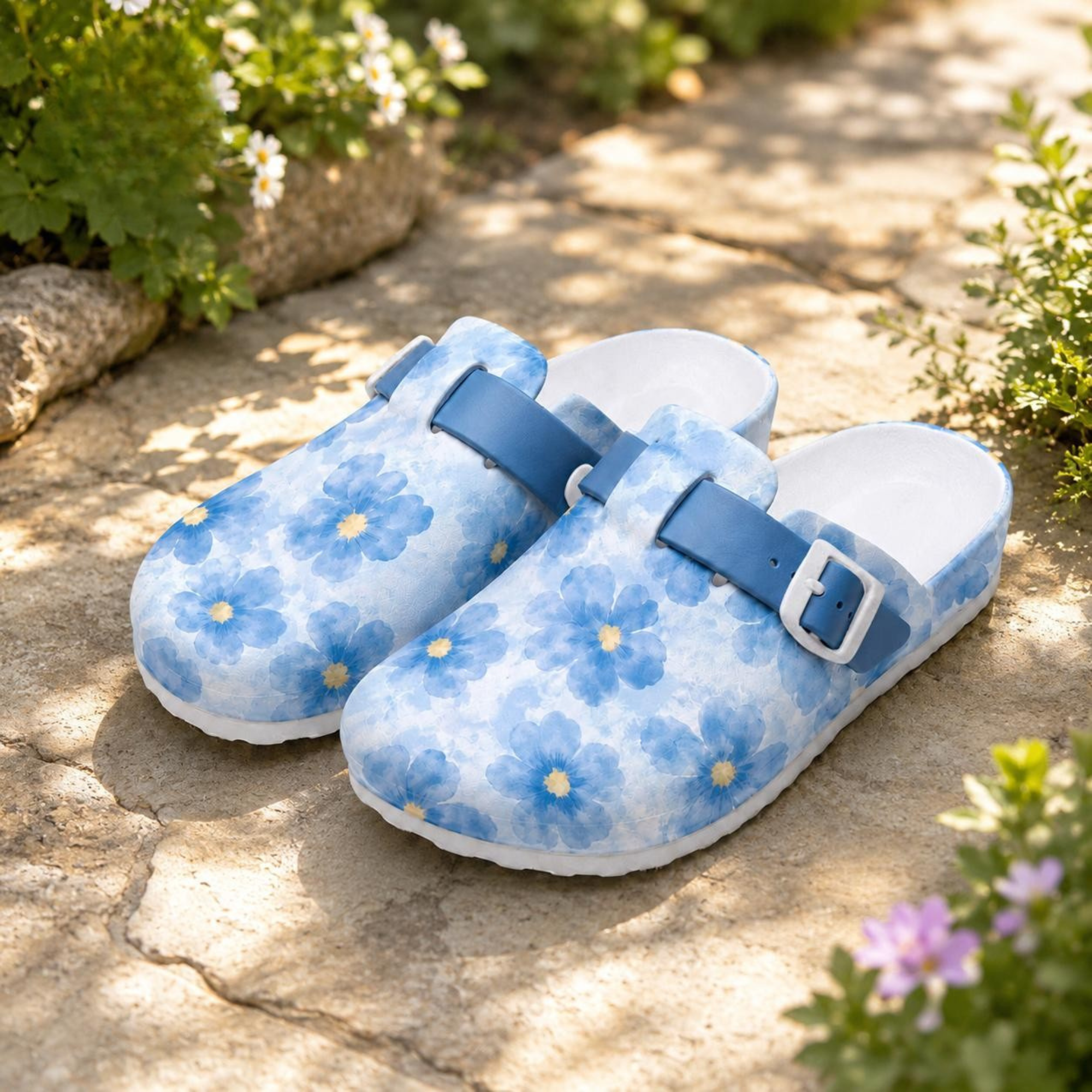Blue Floral Garden Nurse Clogs
