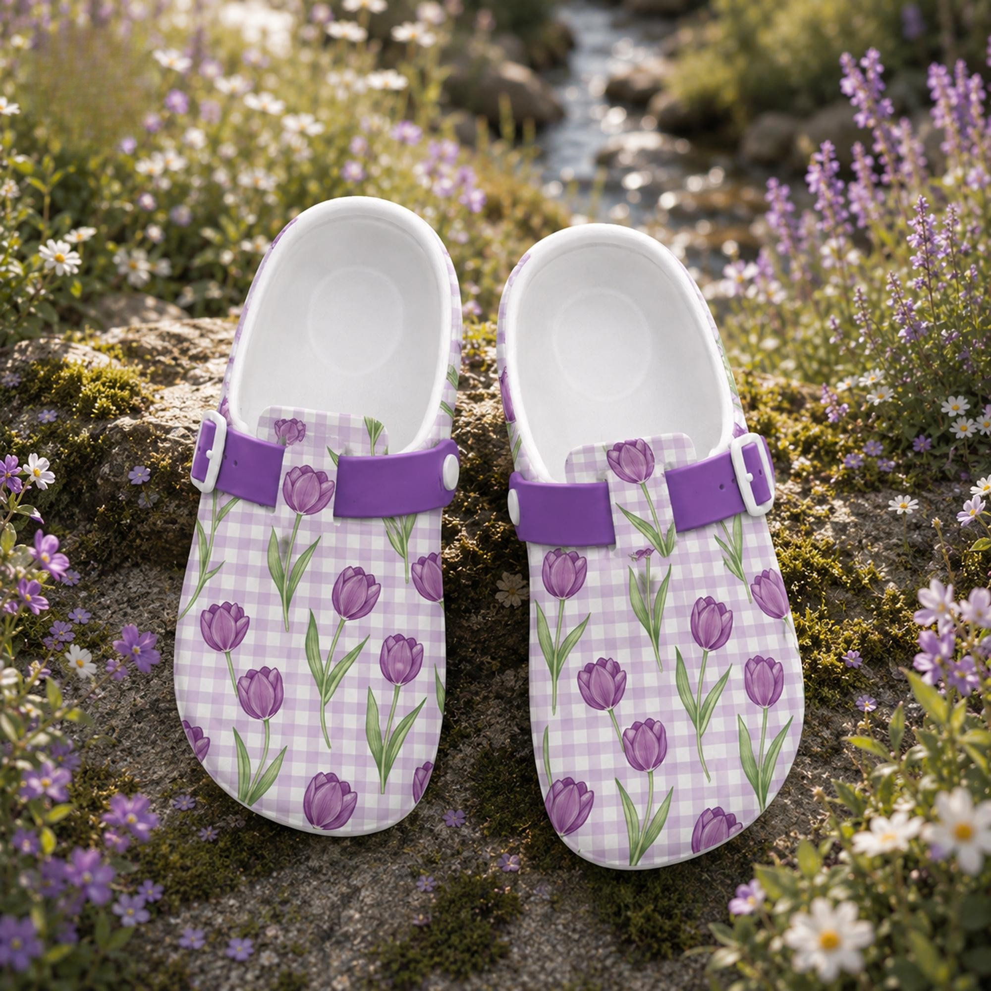 Purple Tulip Gingham Nurse Clogs