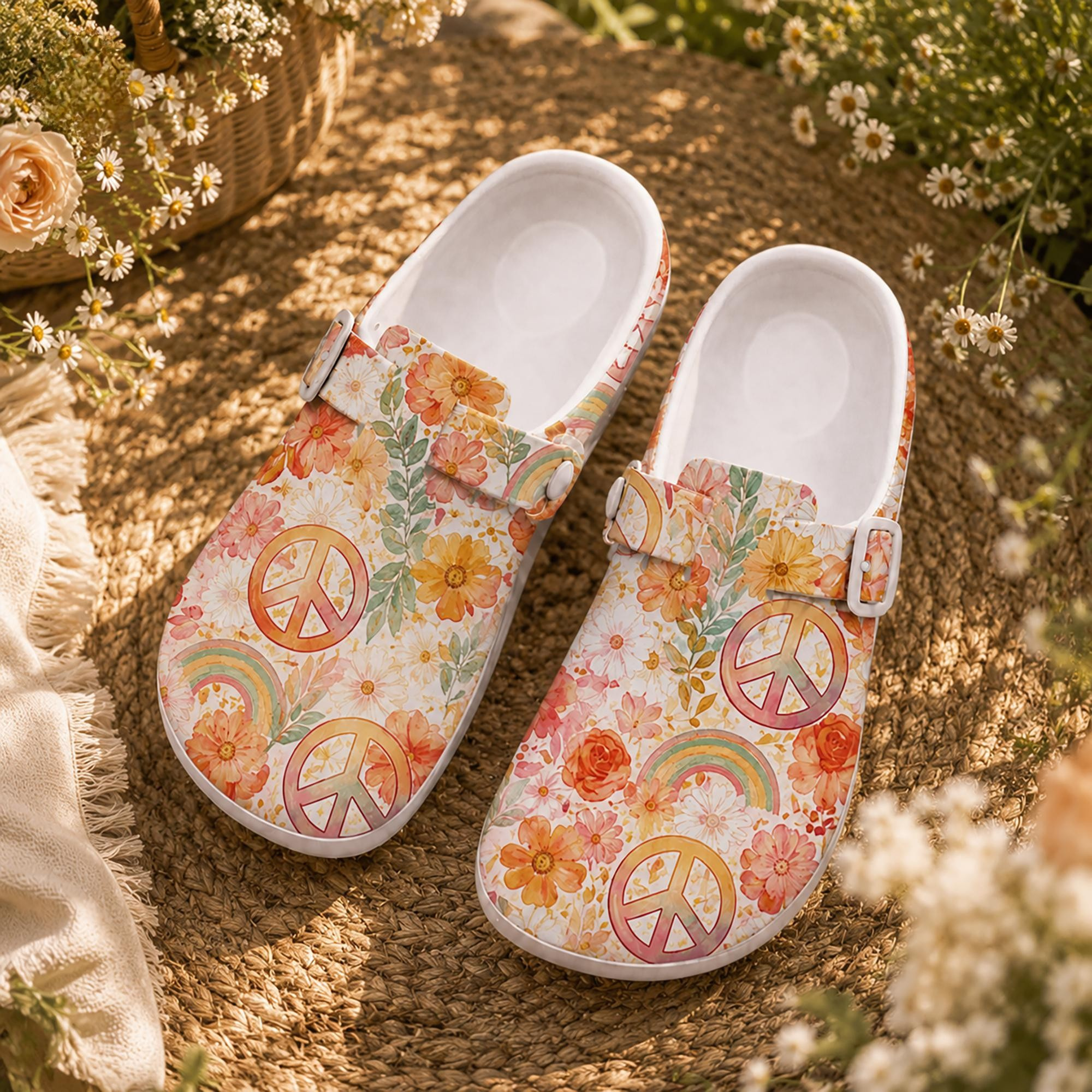 Floral Peace Sign Nurse Clogs