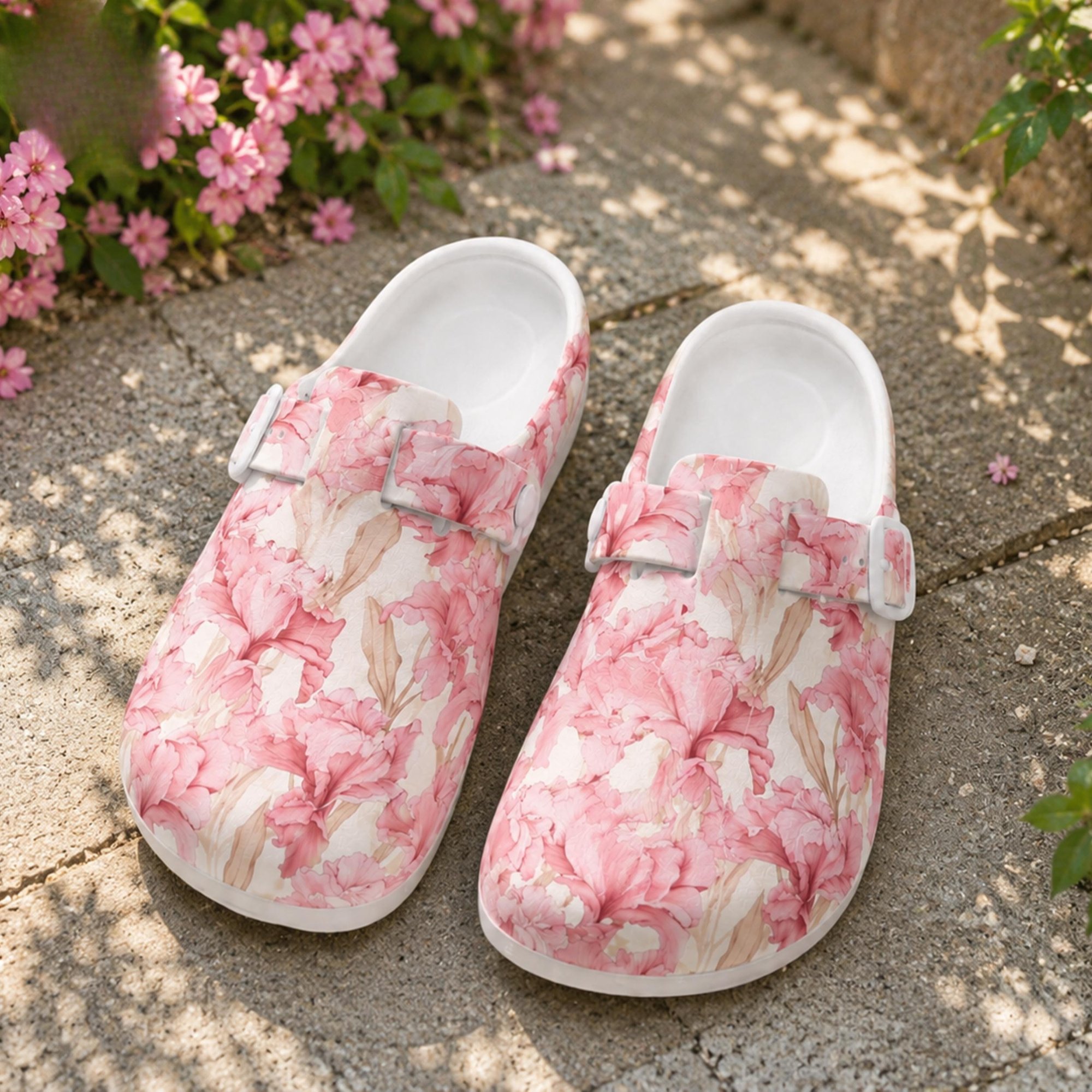 Pink Iris Floral Garden Nurse Clogs