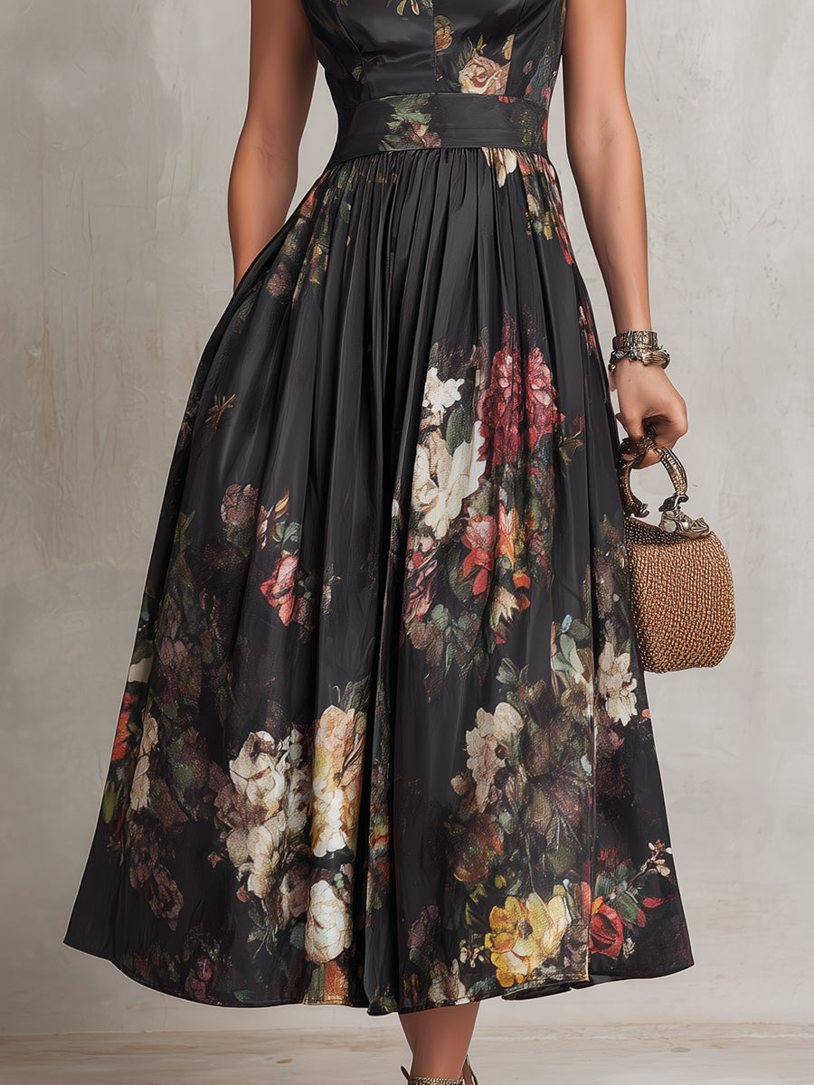 Black Floral Pleated Midi Dress