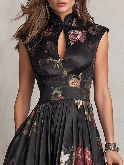 Black Floral Pleated Midi Dress