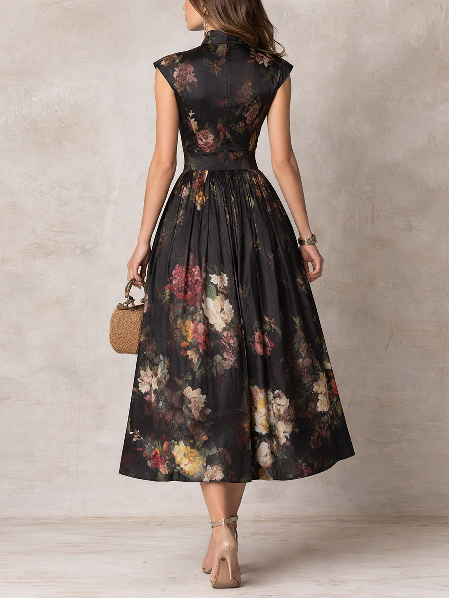 Black Floral Pleated Midi Dress