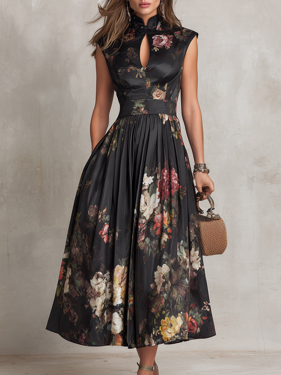 Black Floral Pleated Midi Dress