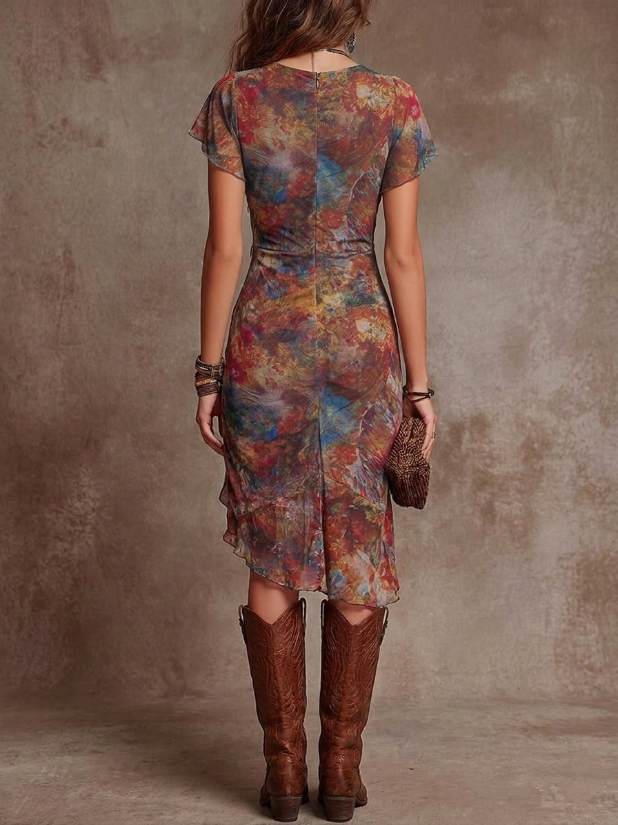 Bohemian Abstract Pleated Midi Dress