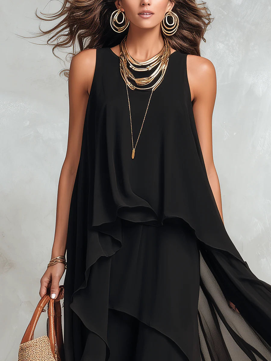 Black Chiffon Layered Round Neck Sleeveless Maxi Dress