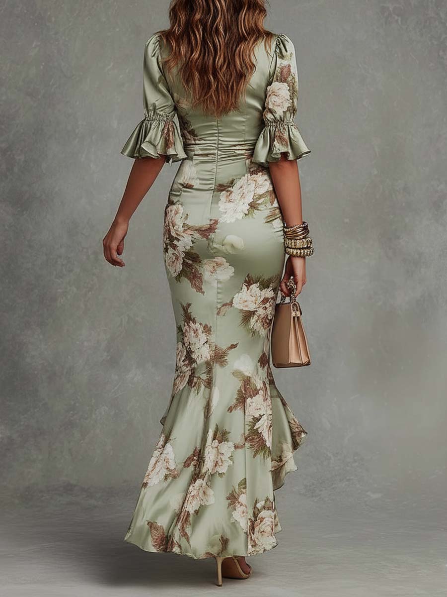 Green Floral Asymmetrical Maxi Dress