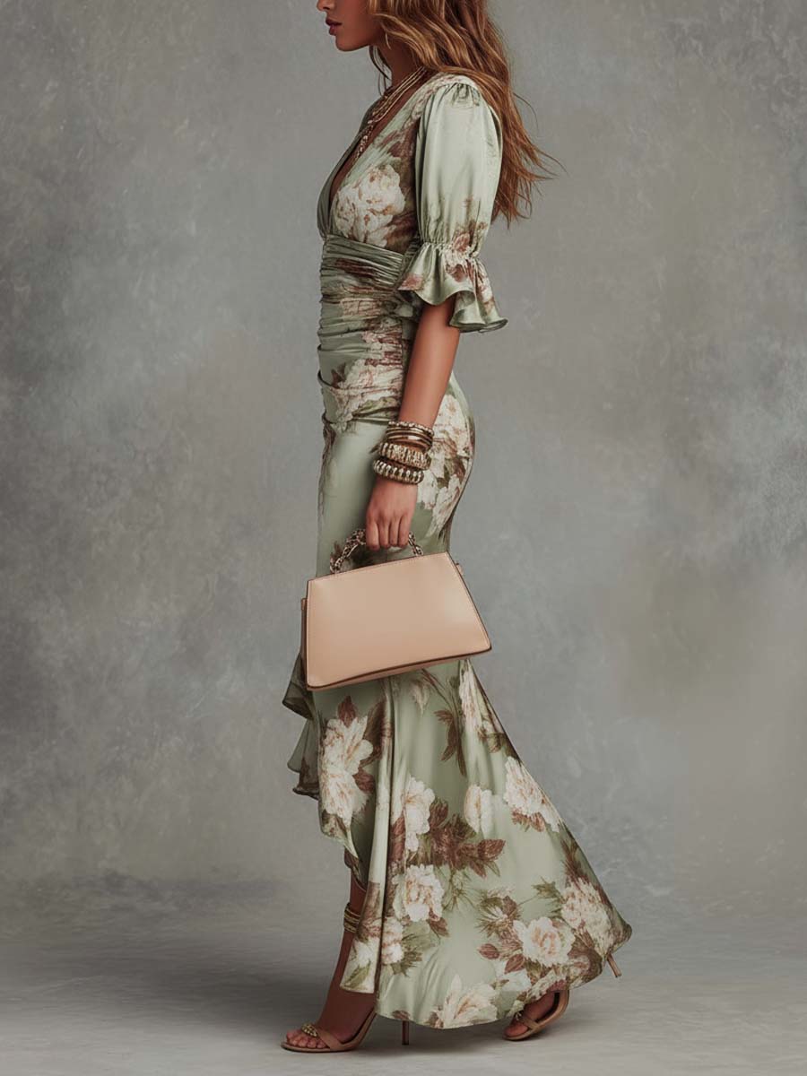 Green Floral Asymmetrical Maxi Dress