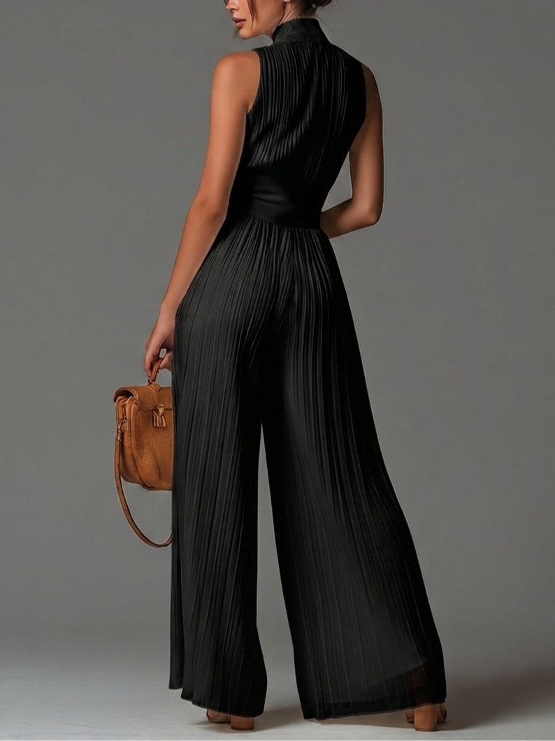 Vittoria | Black Chiffon Jumpsuit With V-neck, Sleeveless, ZIP, Pleated, Wide-leg Pants