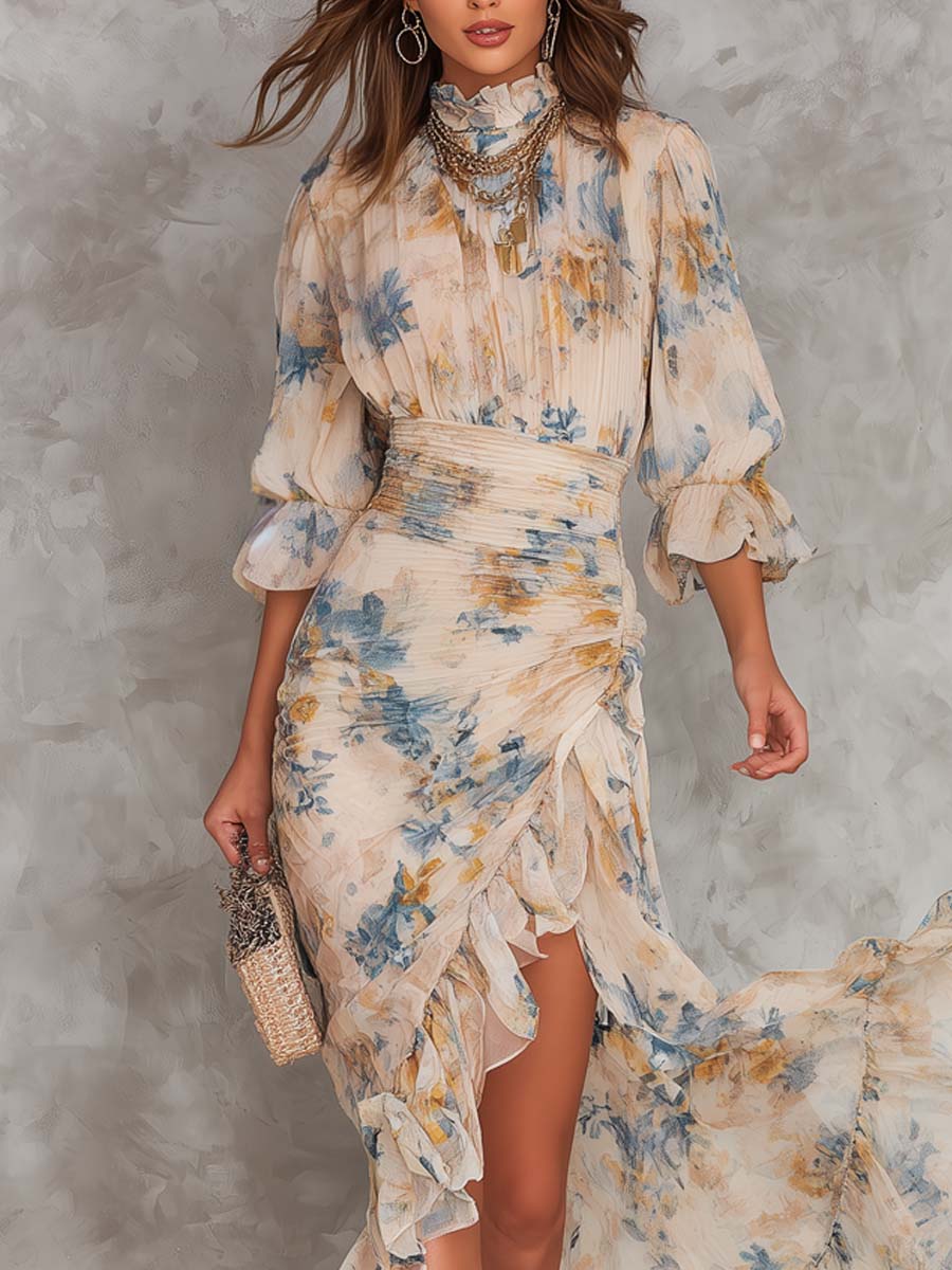 Beige Floral Ruffle Maxi Dress