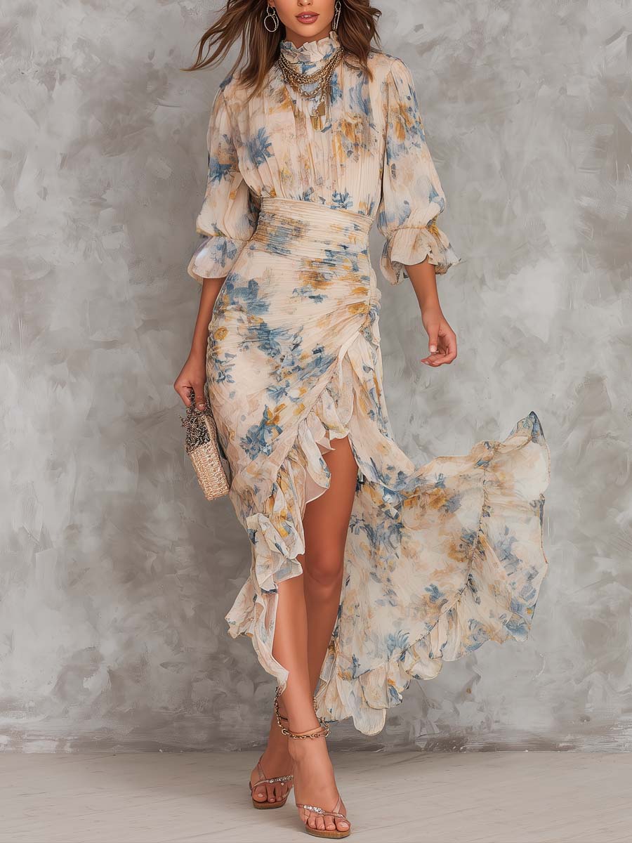 Beige Turtleneck Oil Painting Floral Print Irregular Chiffon Maxi Dress