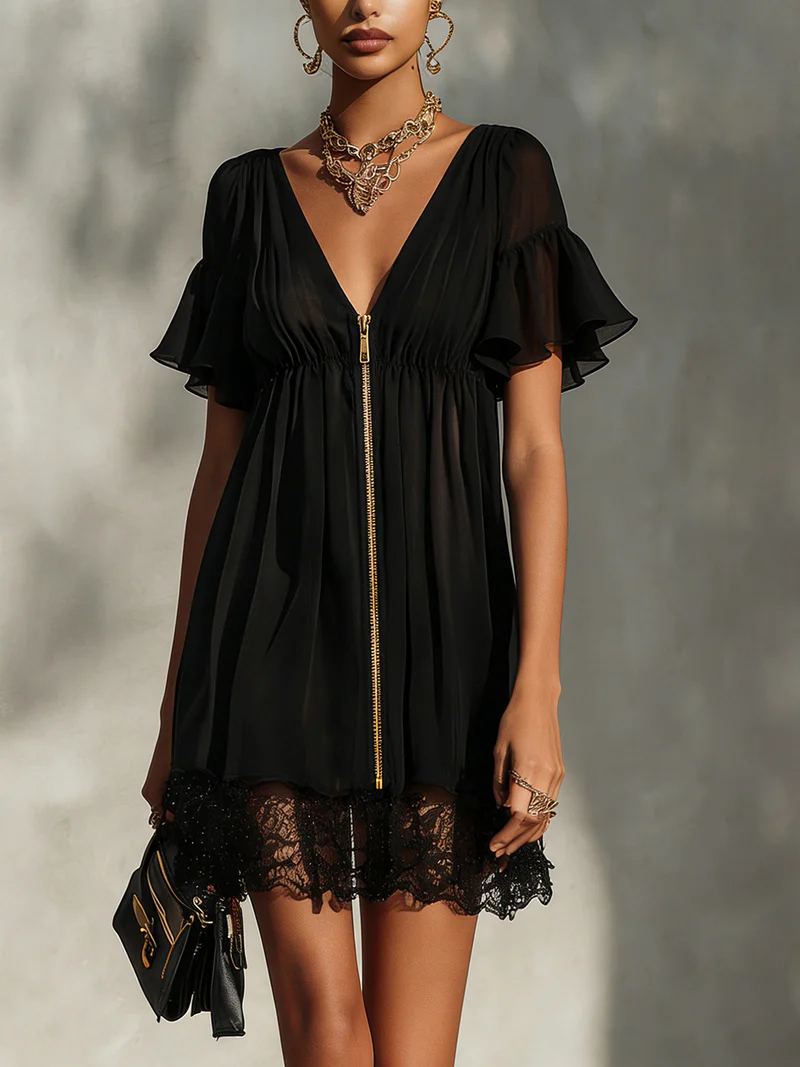 Black Zip-up V-neck Lace-trimmed Ruffled Mini Dress