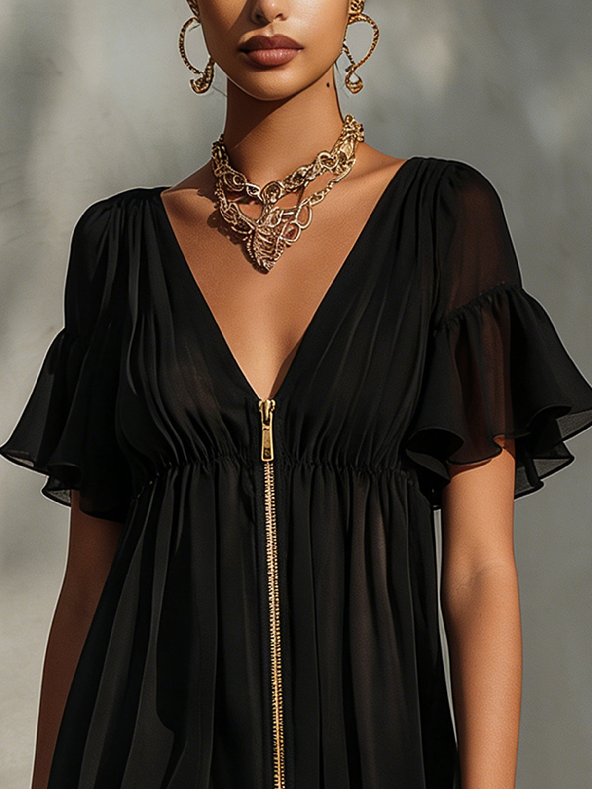 Black Zip-up V-neck Lace-trimmed Ruffled Mini Dress