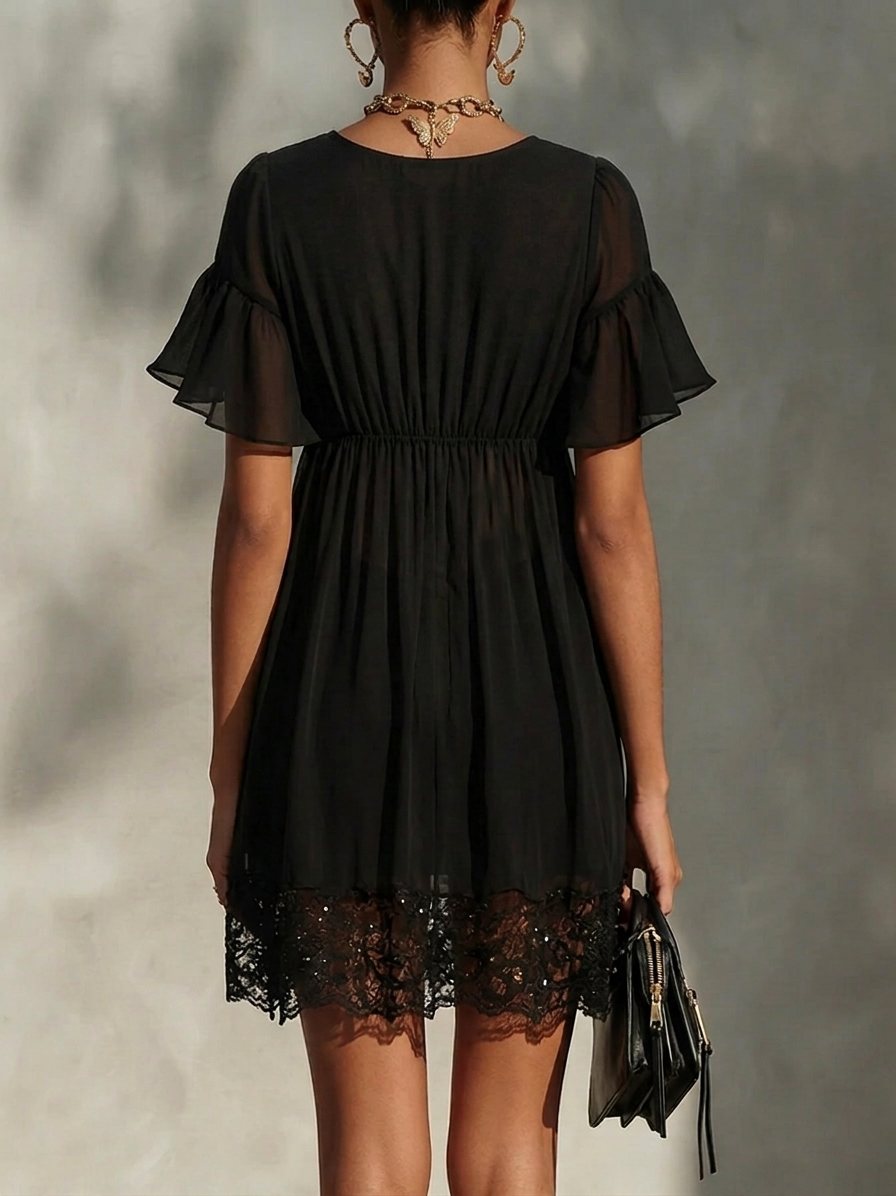 Black Zip-up V-neck Lace-trimmed Ruffled Mini Dress
