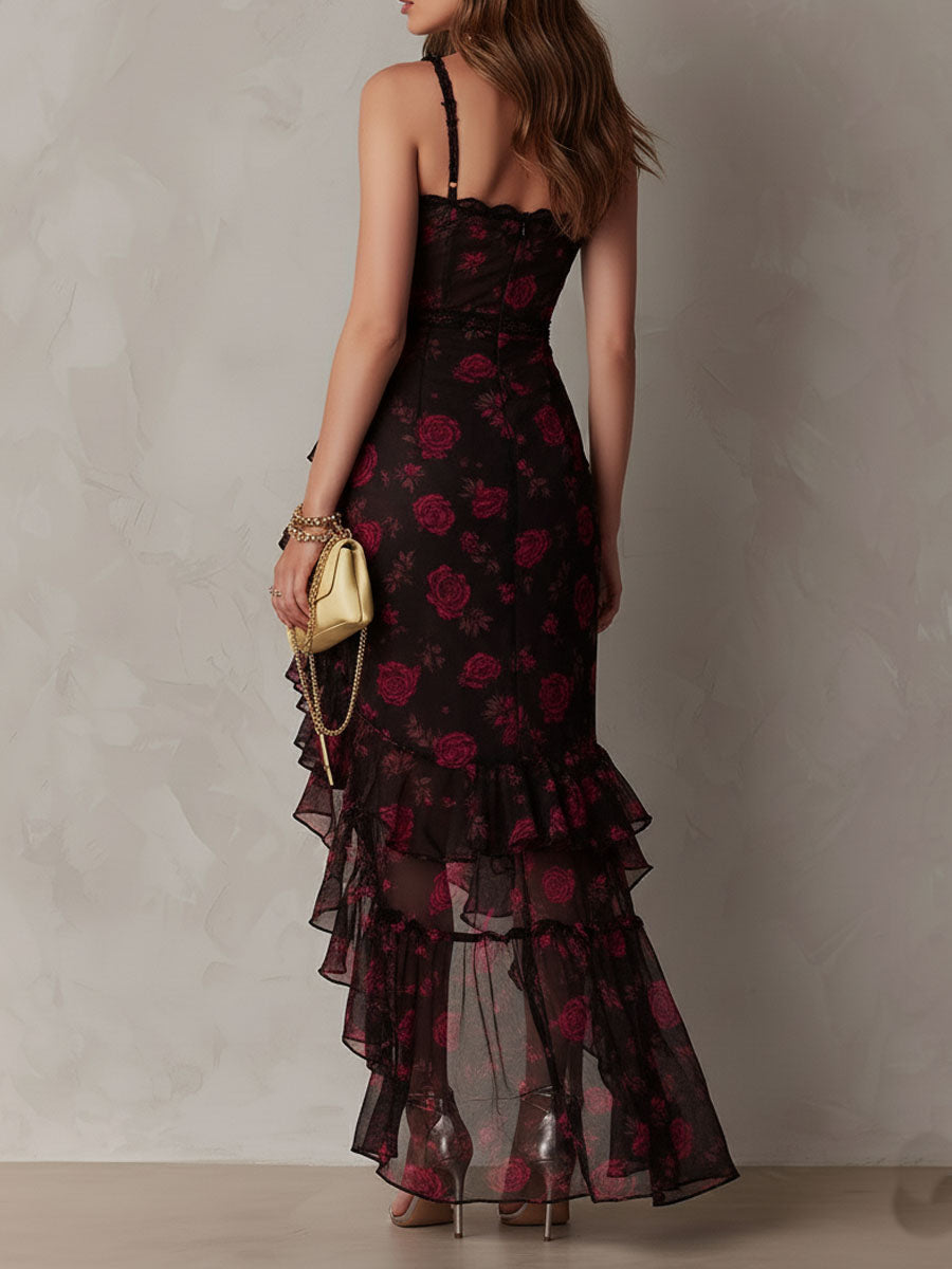 Black and Red Floral Midi Dress