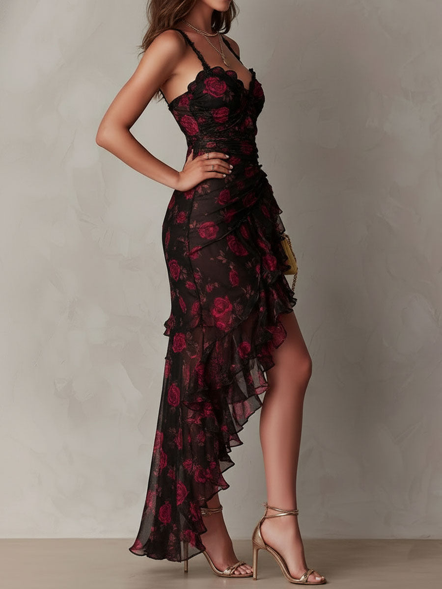 Black and Red Floral Midi Dress