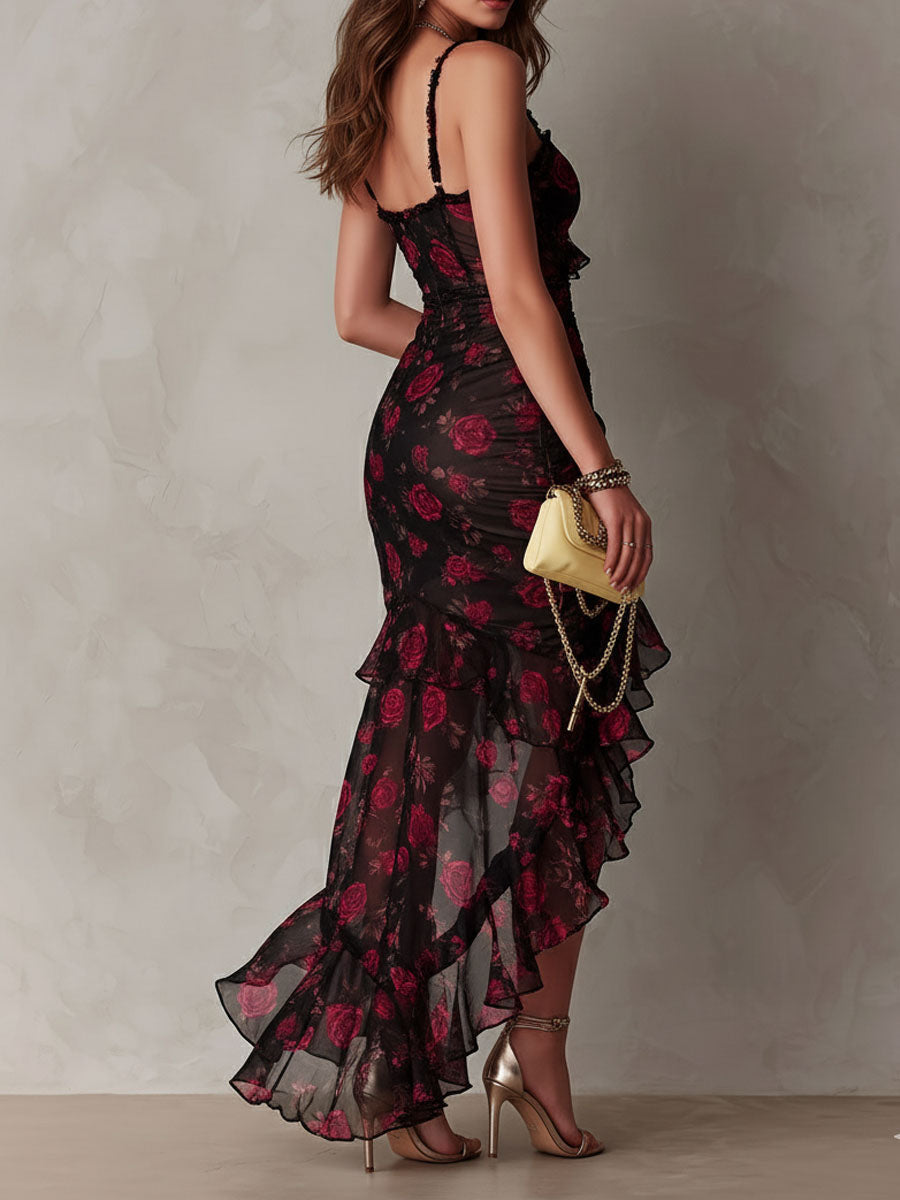 Black and Red Floral Midi Dress