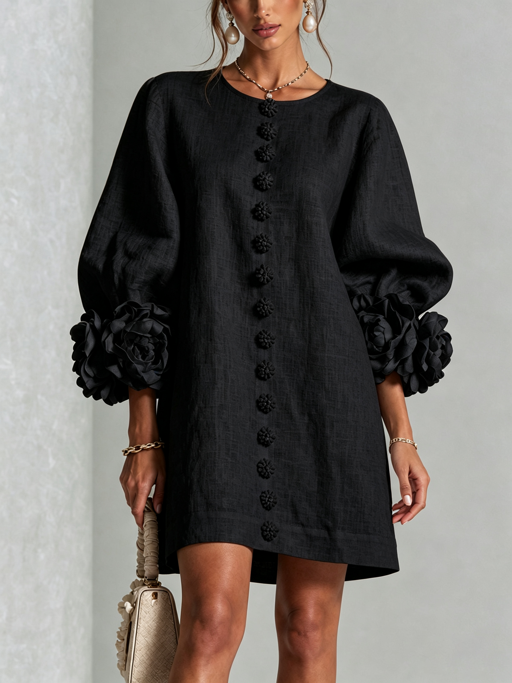 White Floral Button-down Mini Dress With Striking Floral Cuffs