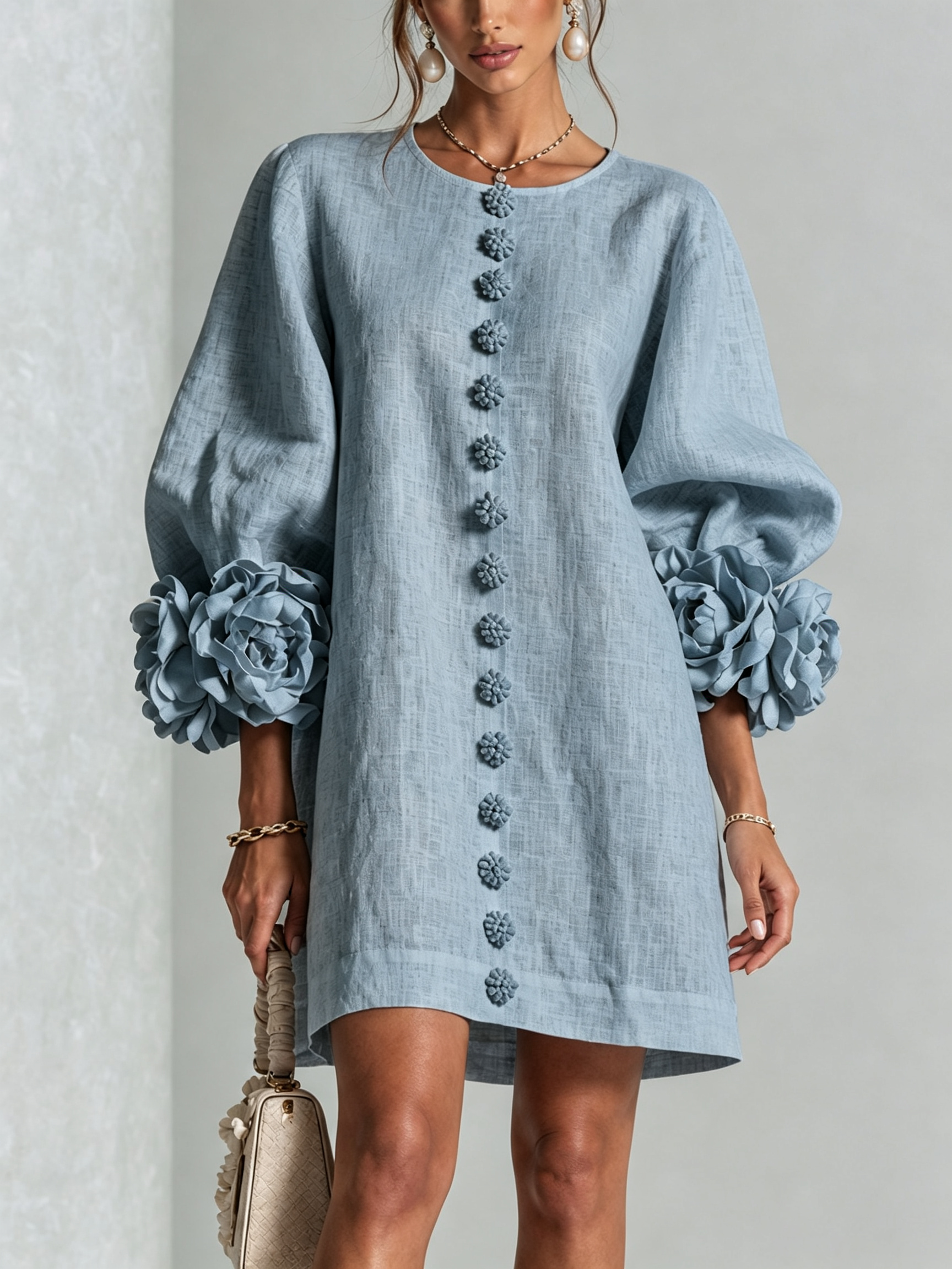 White Floral Button-down Mini Dress With Striking Floral Cuffs