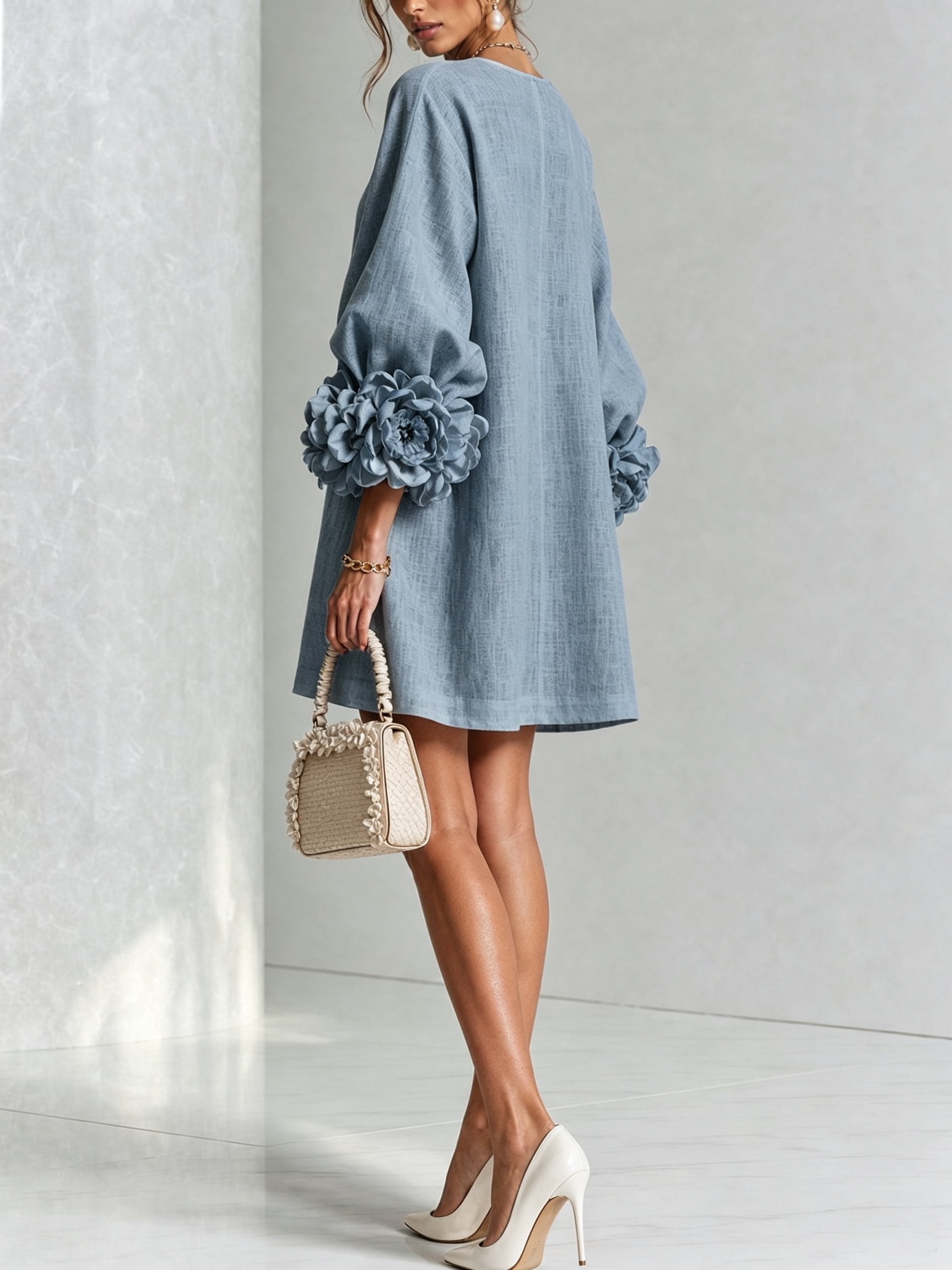 White Floral Button-down Mini Dress With Striking Floral Cuffs