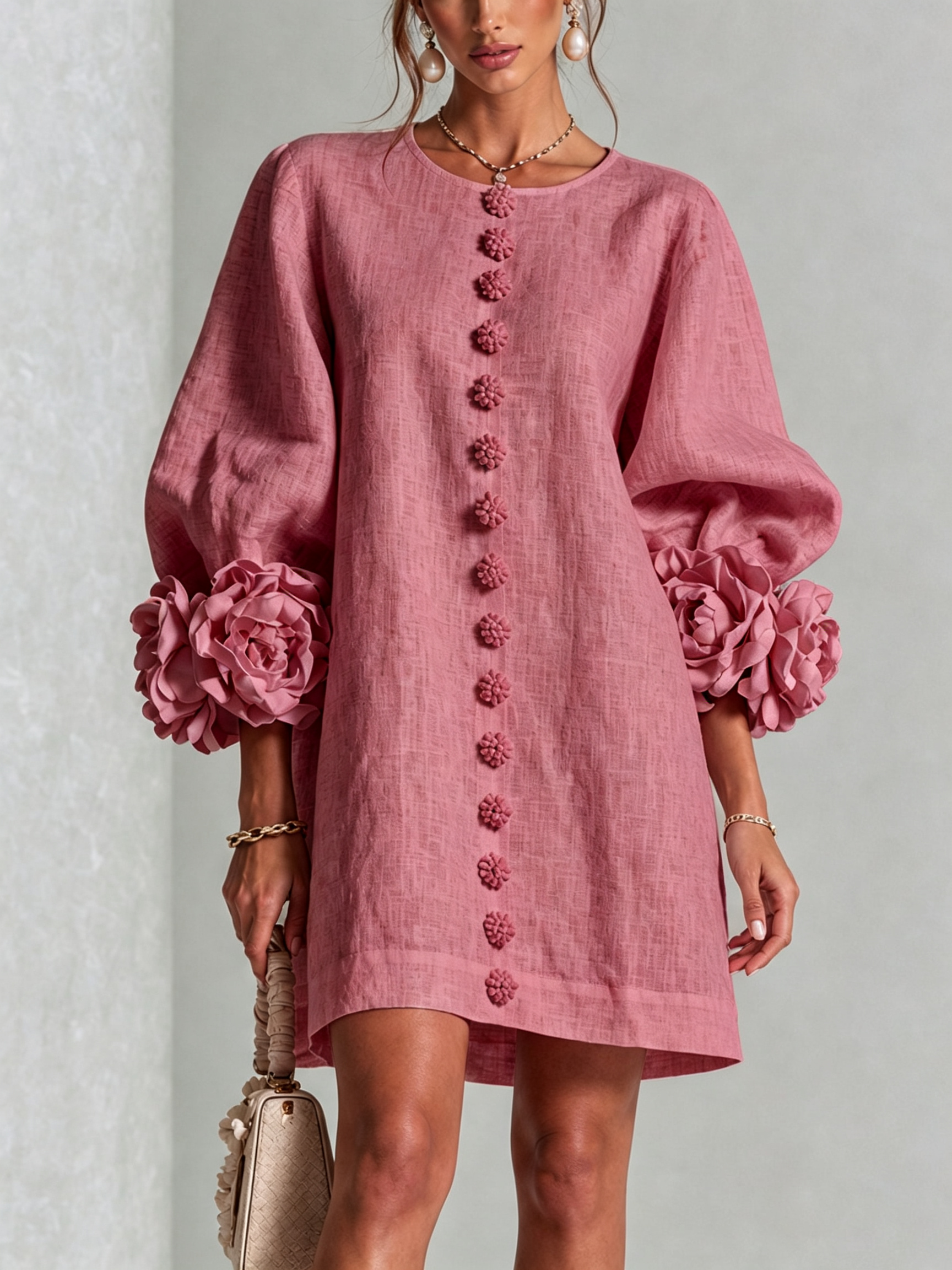 White Floral Button-down Mini Dress With Striking Floral Cuffs