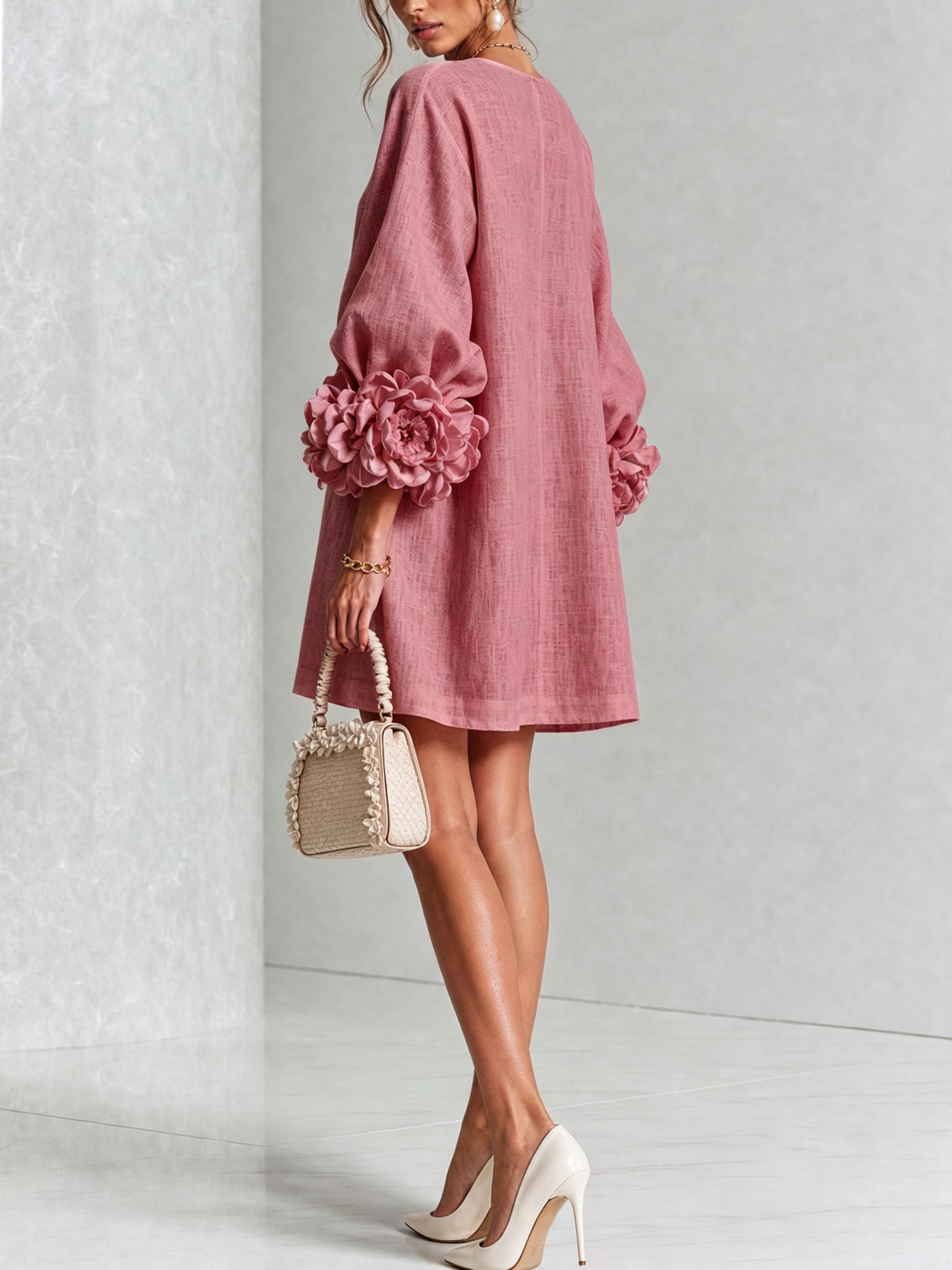 White Floral Button-down Mini Dress With Striking Floral Cuffs